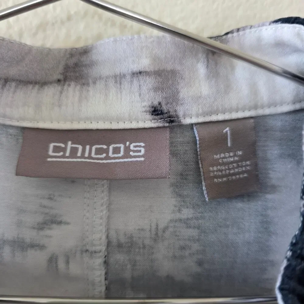 Chicos Abstract Print Button Front Jacket Womens Size 1 Black Gray 3 4 Sleeve - Picture 8 of 12